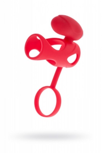Насадка с кольцом для мошонки и клиторальным стимулятором "Black&Red" красная, с вибрацией