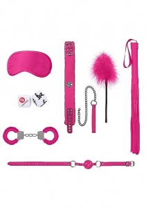 Набор БДСМ-девайсов розовый "Ouch" наручники, кляп, плеть, ошейник, маска, кубики